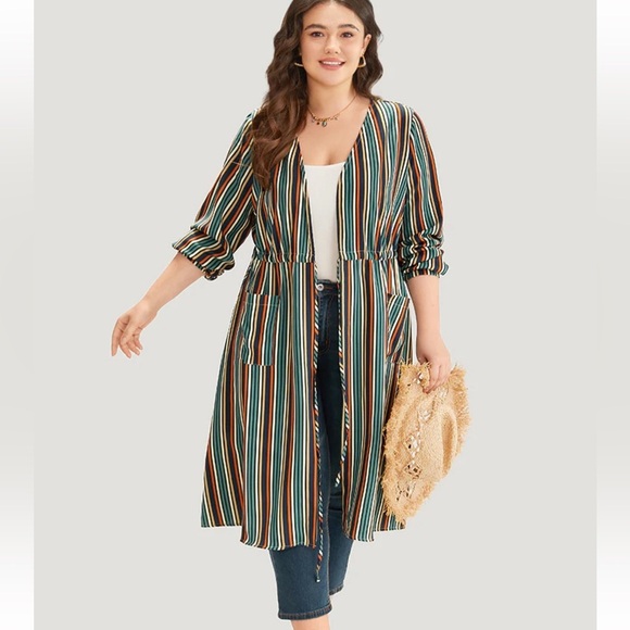 BloomChic Striped Contrast Pocket Drawstring Knot Drape Kimono Size M us10 - Picture 1 of 7
